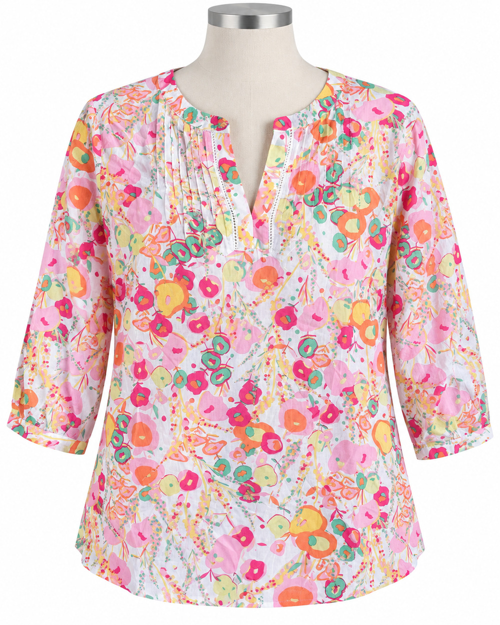 Talbots Women's LARGE Floral 100% Cotton Tunic Top 3/4 Sleeve V-Neck Pleated NEW